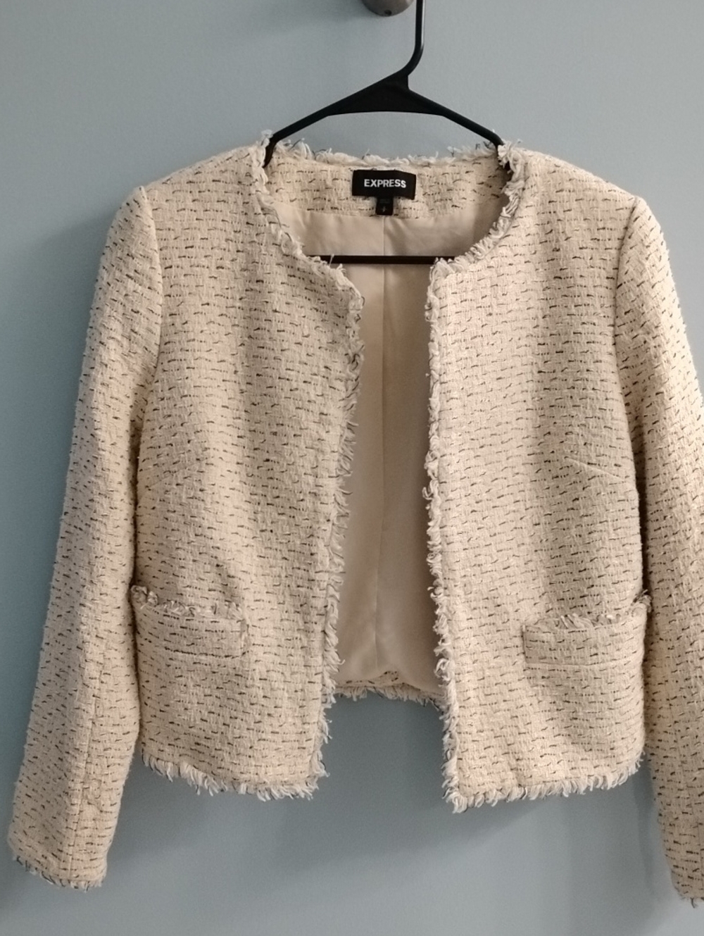 Express Cream Fringe-Trim Tweed Collarless Blazer Size Small Petite
